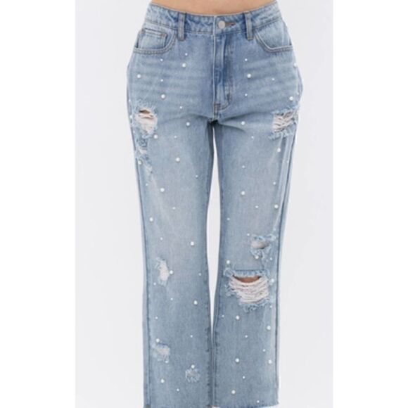 Vocal PEARL EMBELLISHED FRONT RIPPED JEANS Med NWT